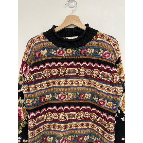 Vintage Handknitted Express Tricot Floral Stripes Chunky Cottage Sweater Medium - Picture 5 of 10